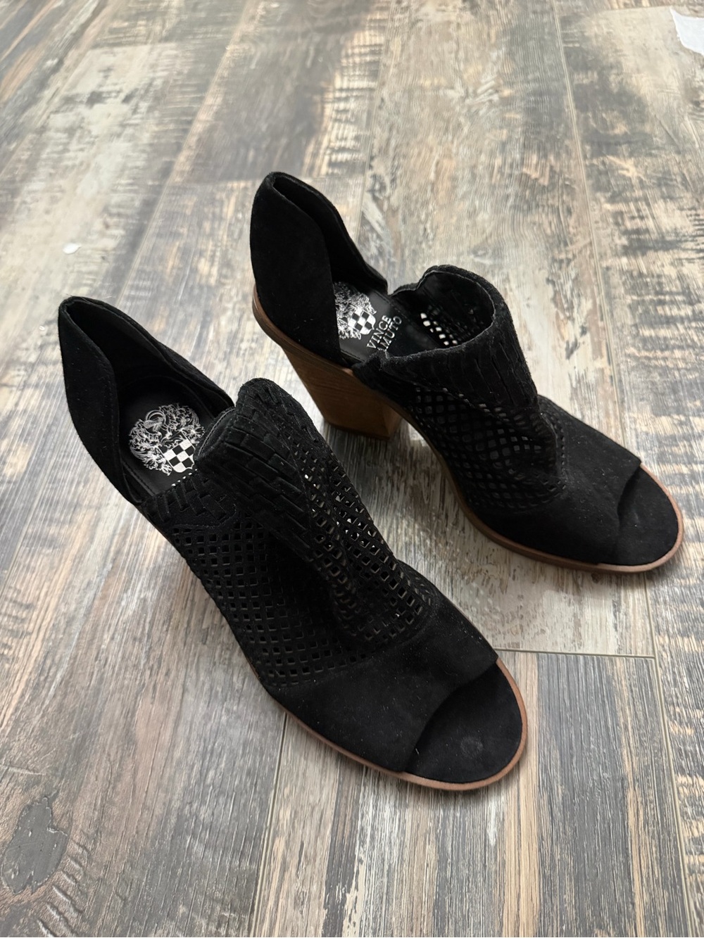 VINCE CAMUTO Black Suede Peep-Toe Heeled Booties - Women's